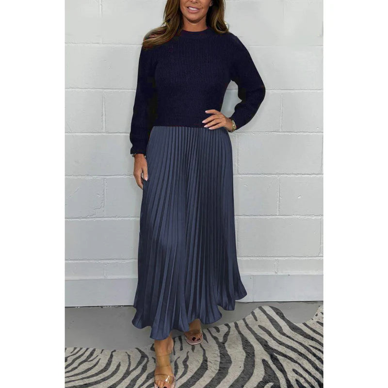 KNITTED TOP SATIN PLEATED SKIRT DRESS