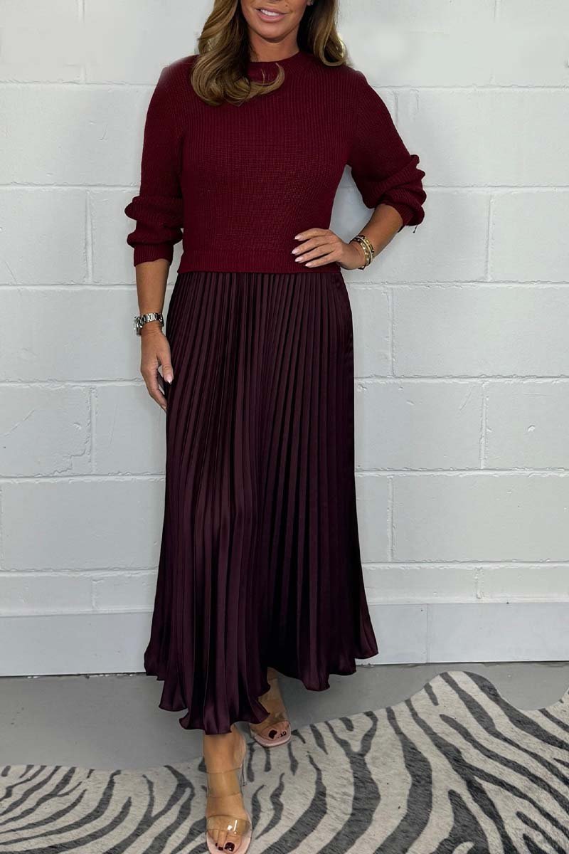 KNITTED TOP SATIN PLEATED SKIRT DRESS