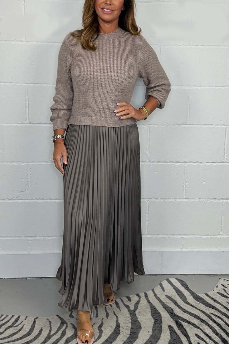 KNITTED TOP SATIN PLEATED SKIRT DRESS