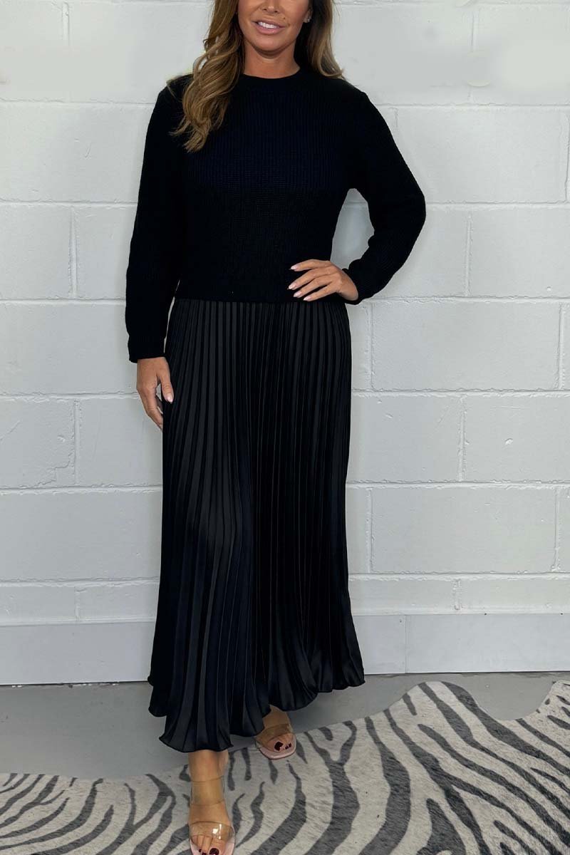 KNITTED TOP SATIN PLEATED SKIRT DRESS