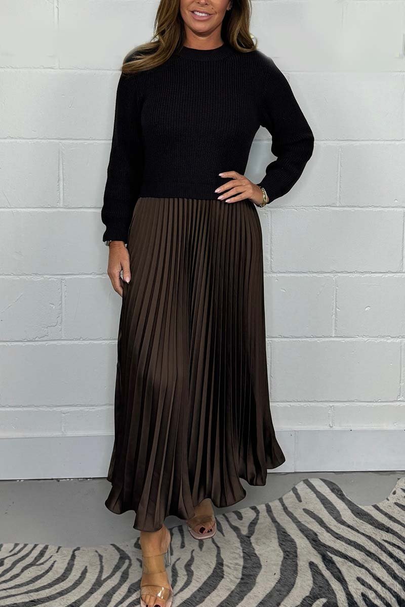 KNITTED TOP SATIN PLEATED SKIRT DRESS