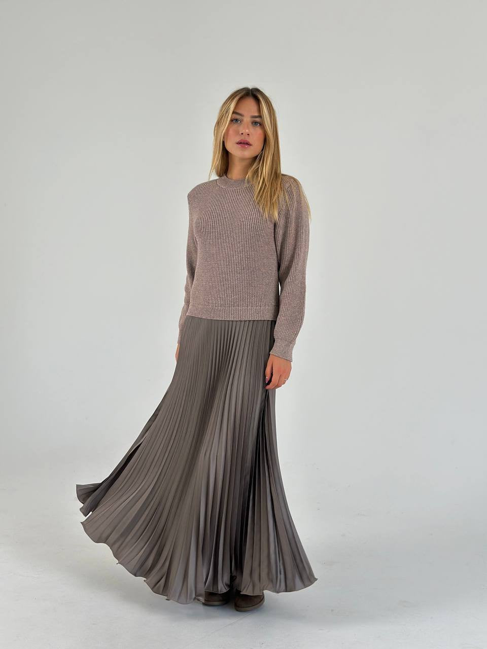 KNITTED TOP SATIN PLEATED SKIRT DRESS