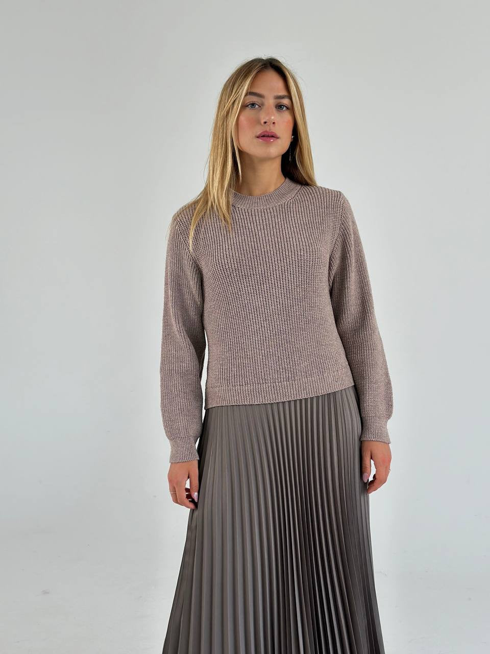 KNITTED TOP SATIN PLEATED SKIRT DRESS