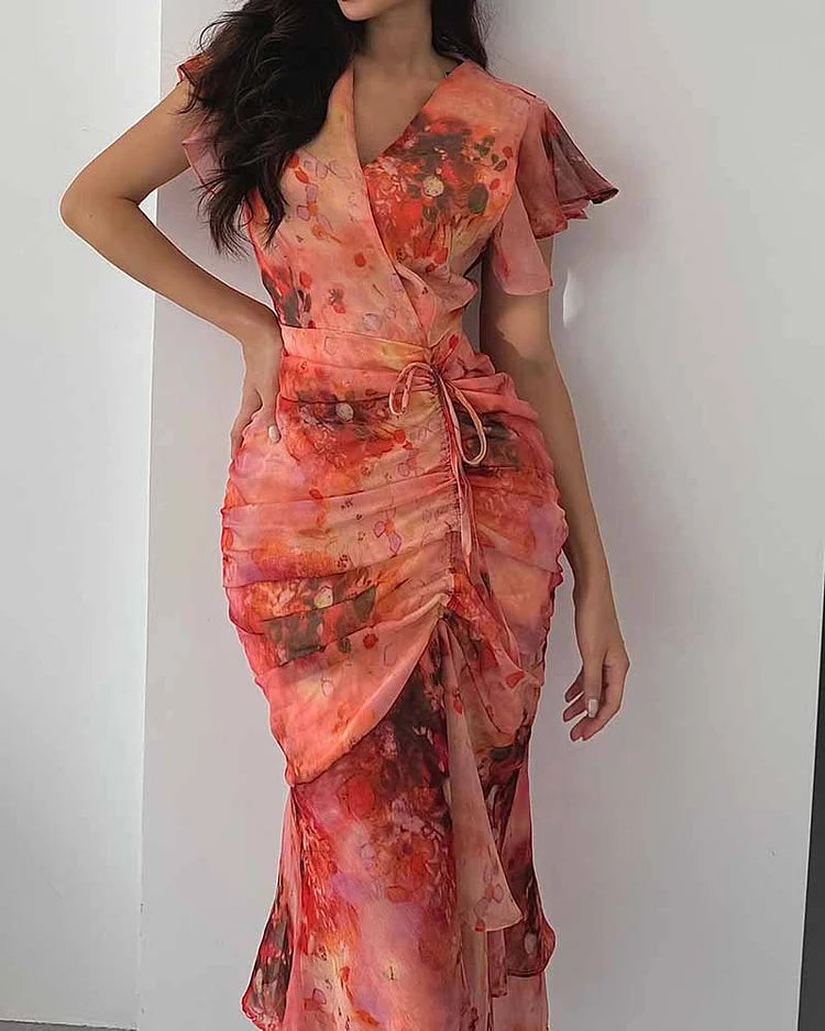 V-Neck Pleated Print Dress