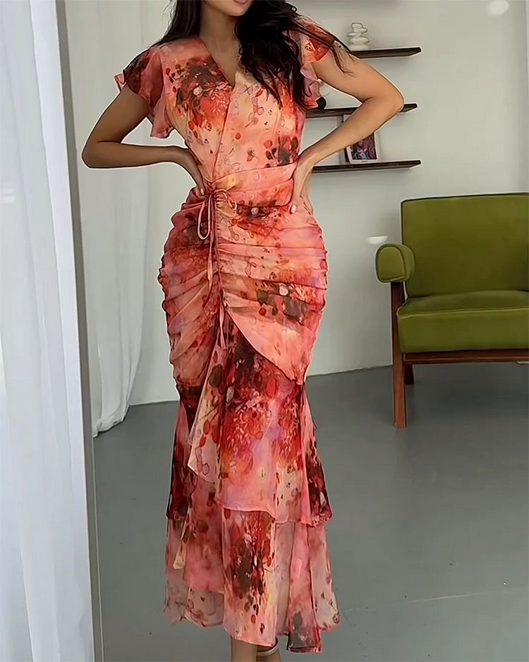 V-Neck Pleated Print Dress