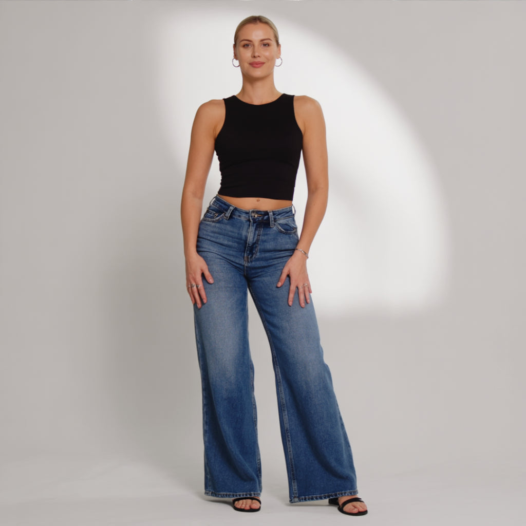 MID-LOW RISE STRETCH WIDE-LEG JEANS